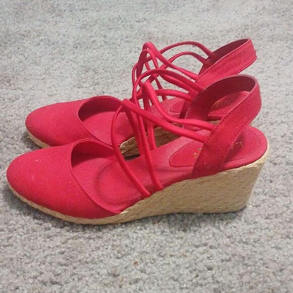 Lauren Ralph Lauren Caralee Red canvas wedge close toe sandals Sz 10 EUC - Picture 3 of 8